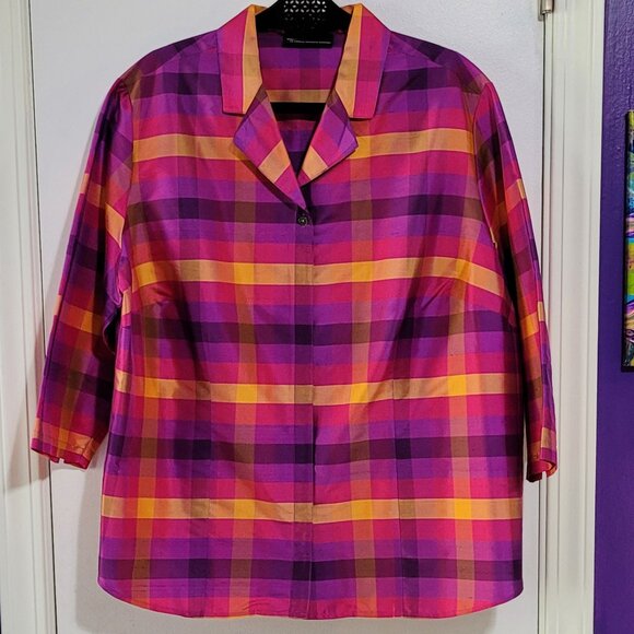 AUTUMN SUNSET 100% SILK PLAID WOMEN'S BUTTON-DOWN TOP BLOUSE EUC 16W 1X - Picture 3 of 10